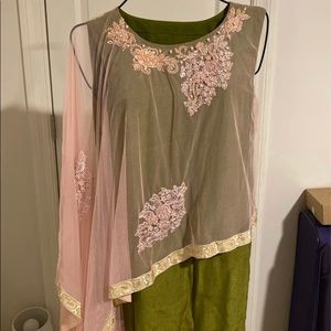 Pink and Green Pakistani Poncho Kurta